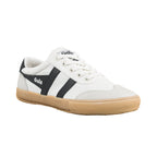 White canvas Gola trainer with black side stripes and gum rubber sole