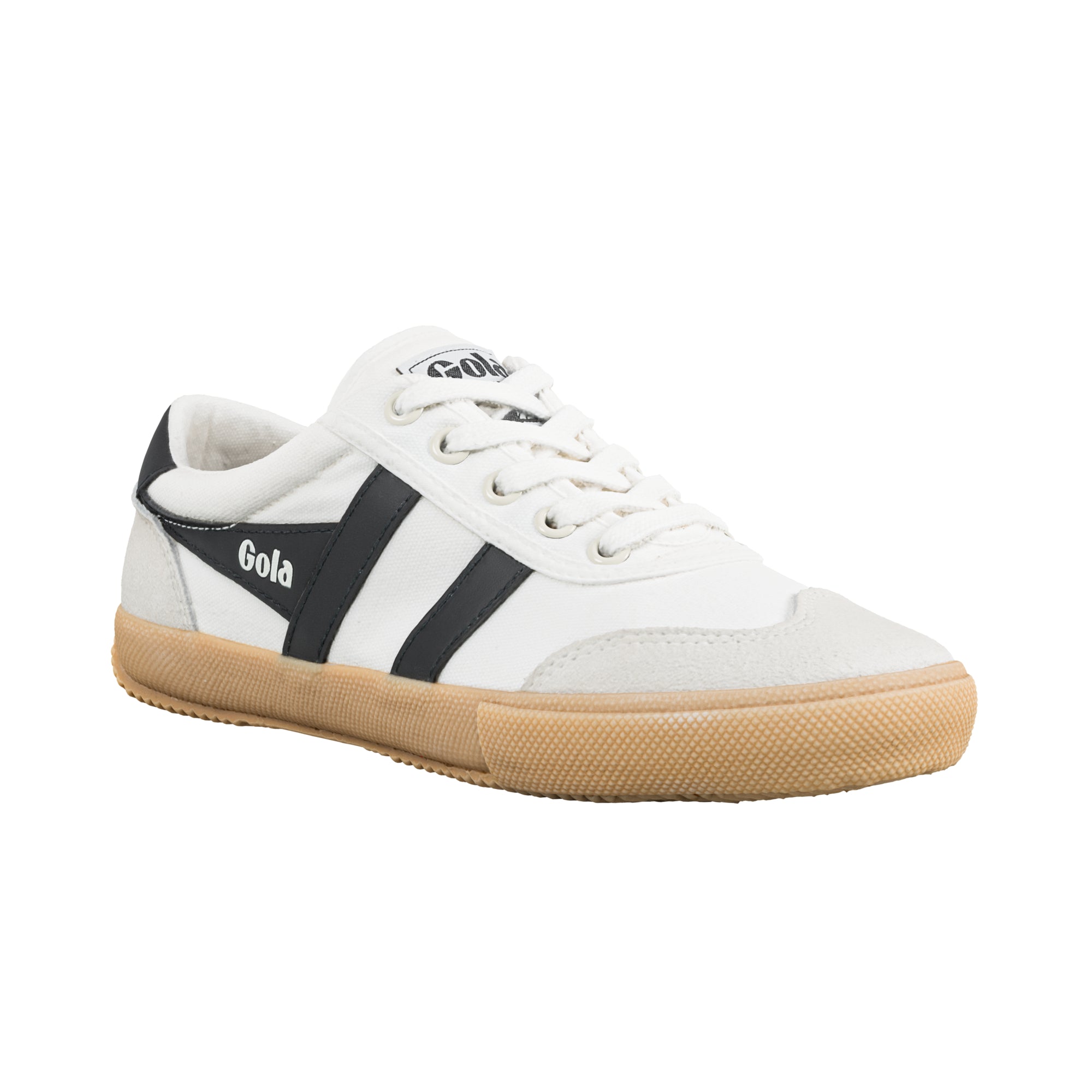White canvas Gola trainer with black side stripes and gum rubber sole