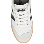 White canvas trainer with black side stripes and gum sole