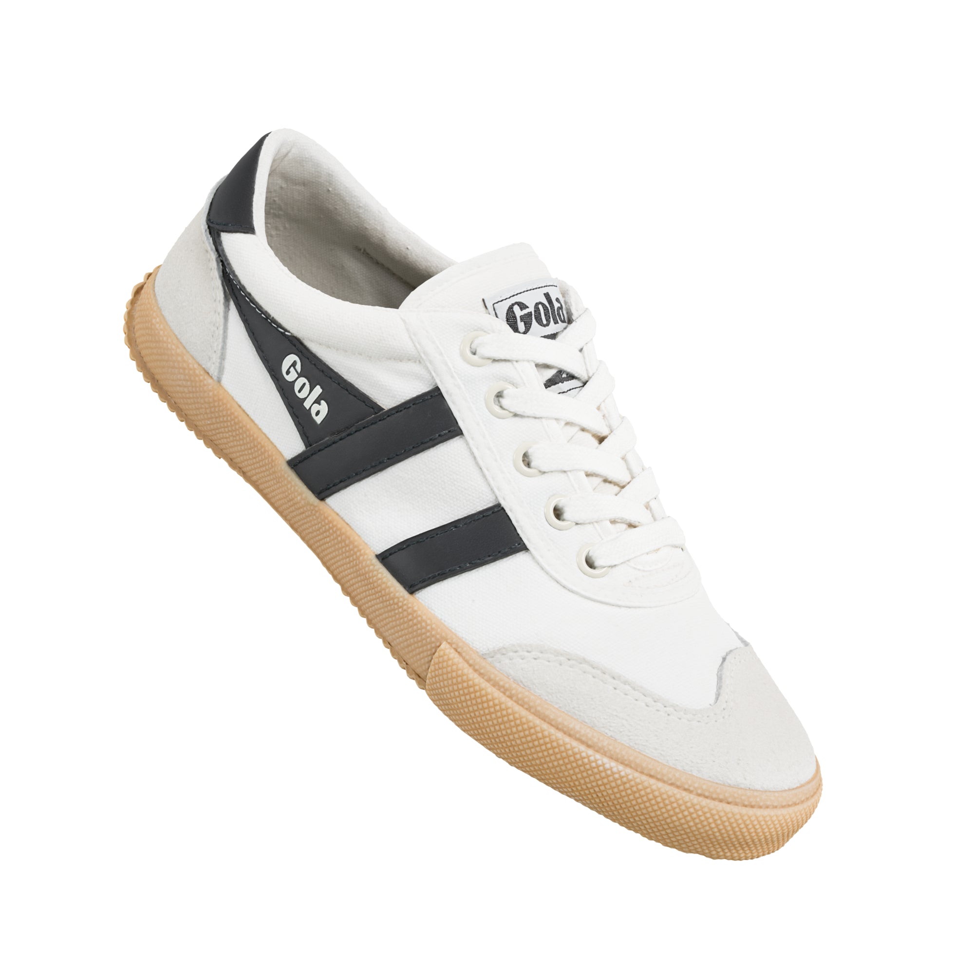 White canvas trainer with black side stripes and gum rubber sole