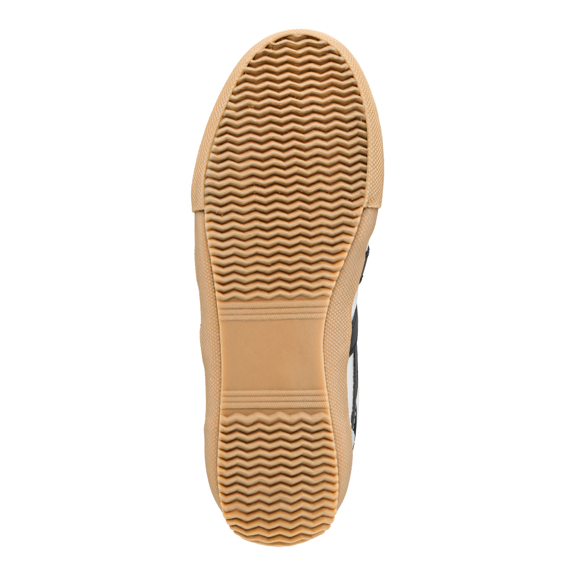 Tan rubber trainer sole with wavy tread pattern