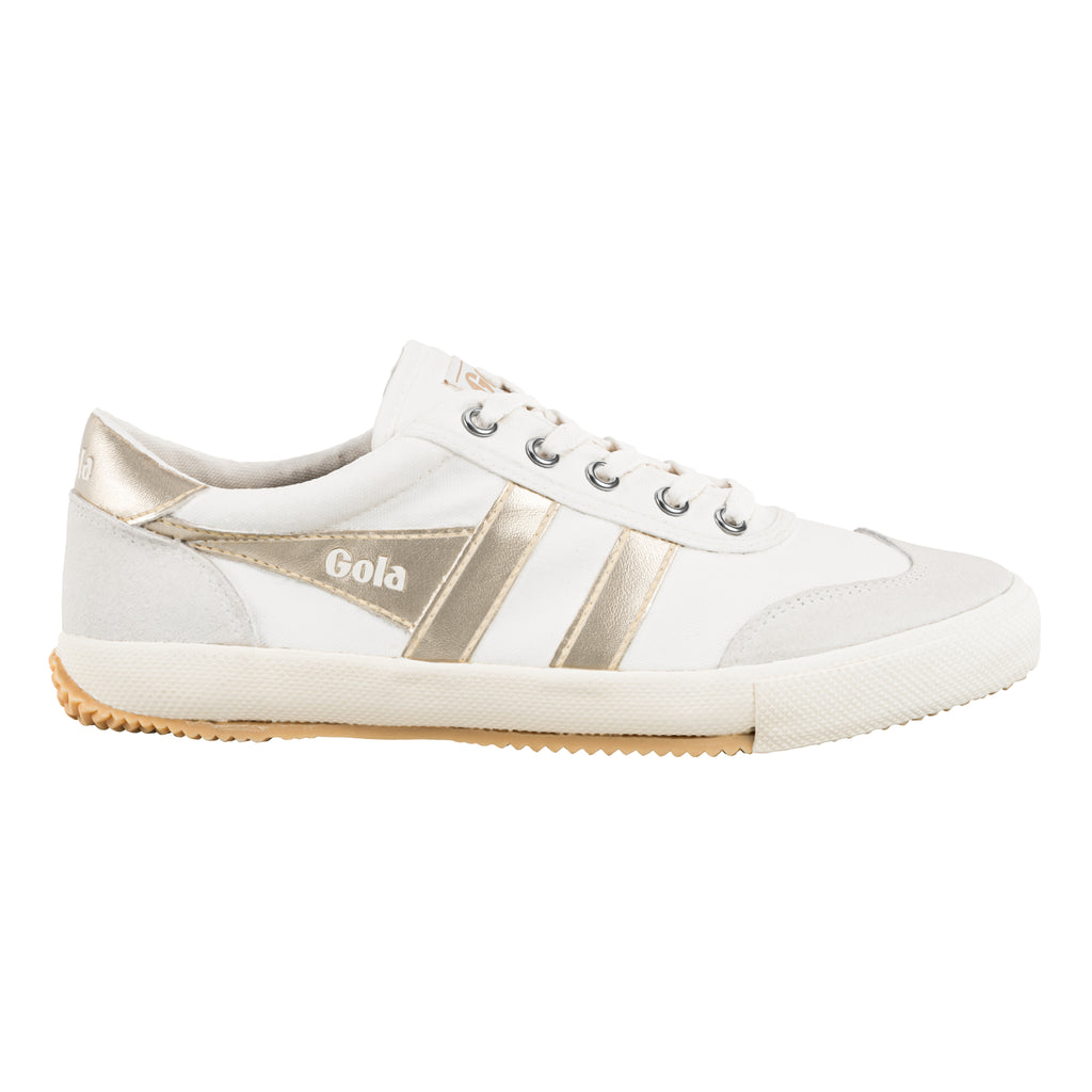 Gola Classics white and metallic gold trainer with lace up fastening and gum sole