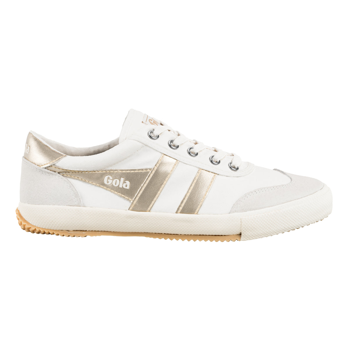 Gola Classics white and metallic gold trainer with lace up fastening and gum sole