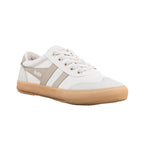White canvas Gola trainer with beige side stripes and gum rubber sole