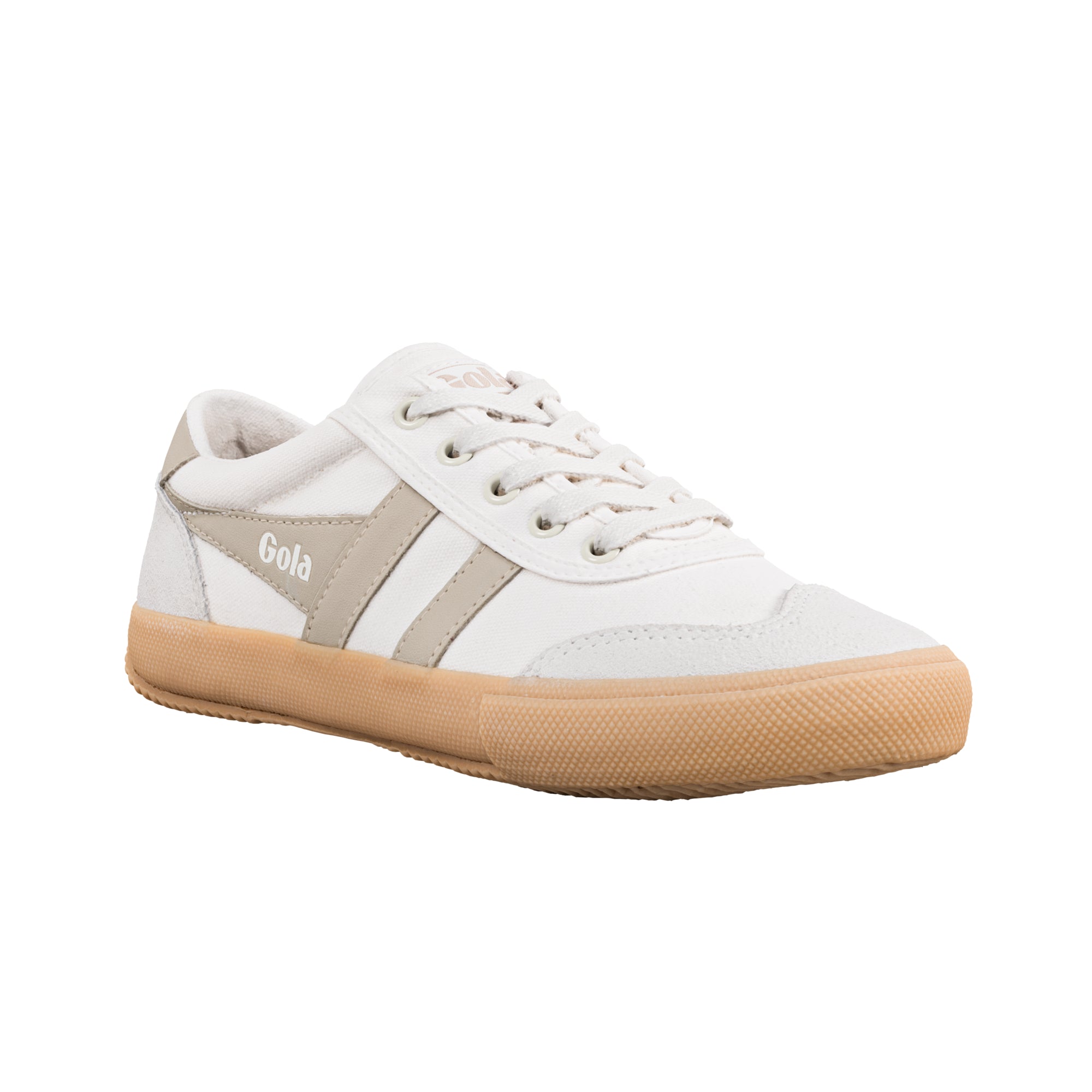White canvas Gola trainer with beige side stripes and gum rubber sole