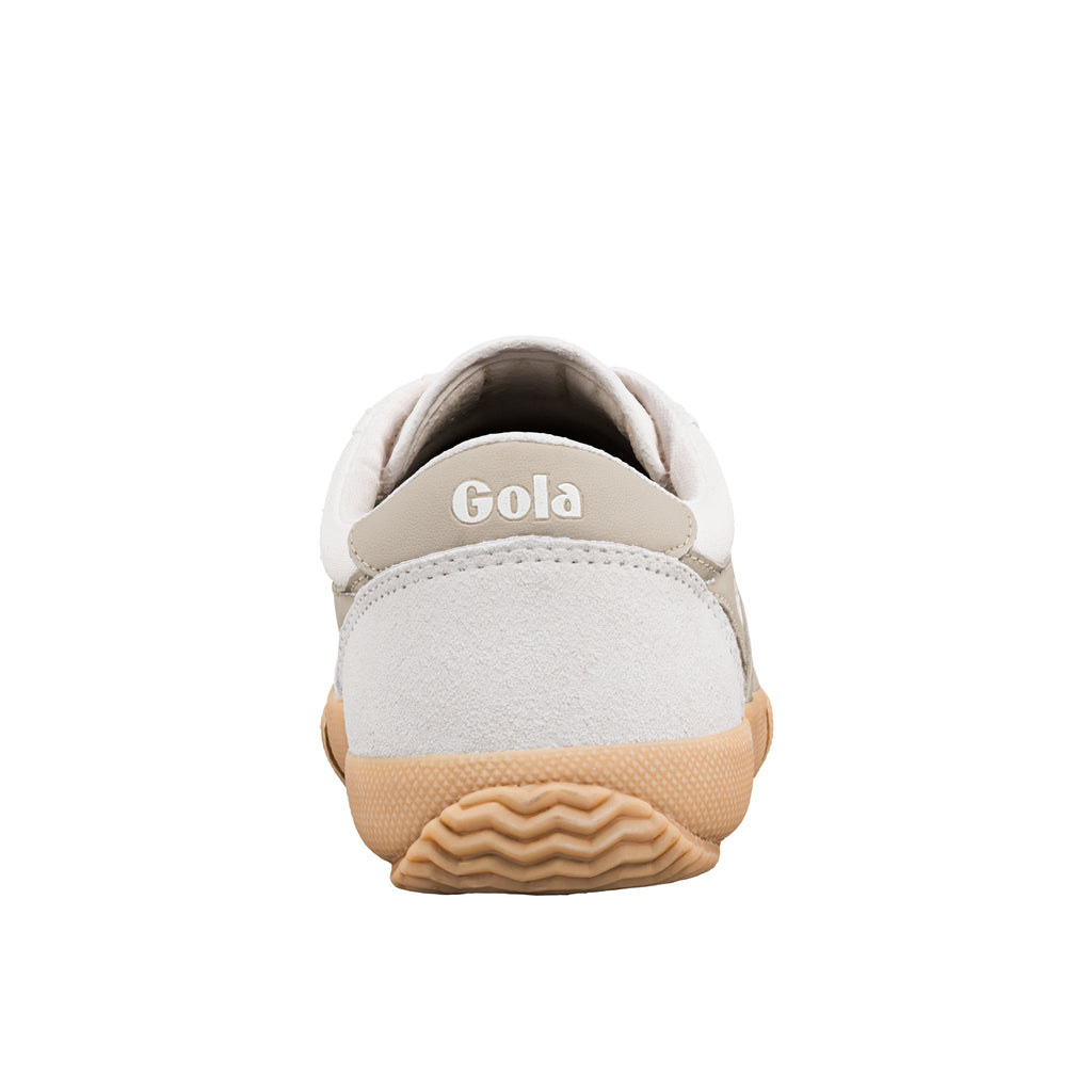 Rear view of a beige and white Gola trainer with a gum rubber sole
