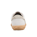 Rear view of a beige and white Gola trainer with a gum rubber sole