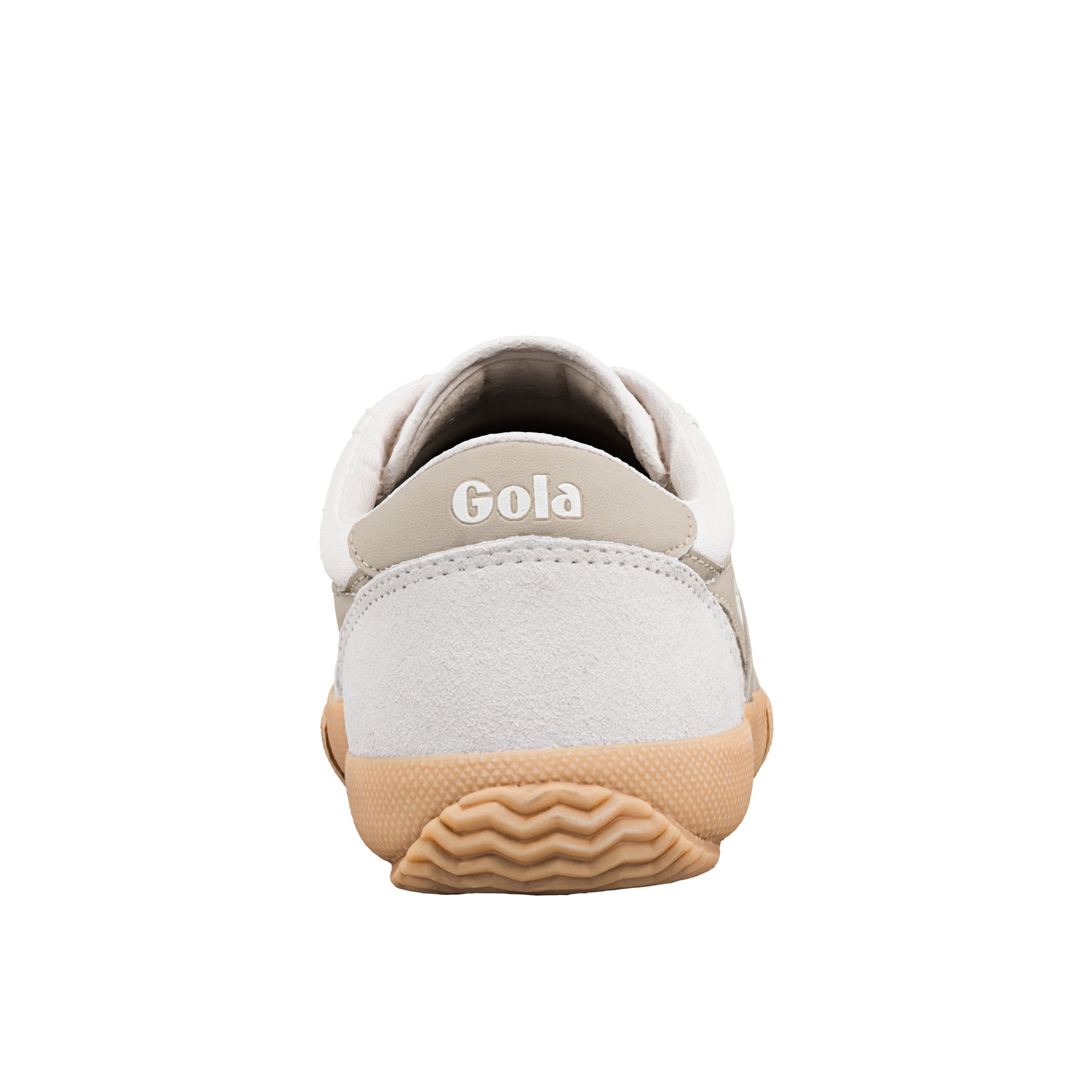 Rear view of a beige and white Gola trainer with a gum rubber sole