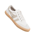 White canvas Gola trainer with beige side stripes and gum rubber sole