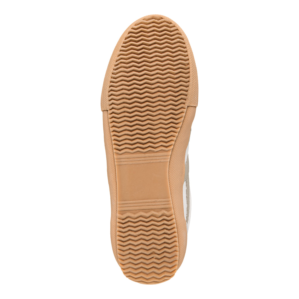 Tan rubber trainer sole with wavy tread pattern