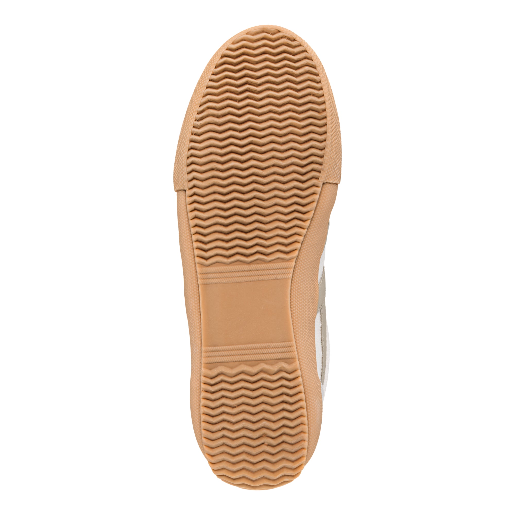 Tan rubber trainer sole with wavy tread pattern