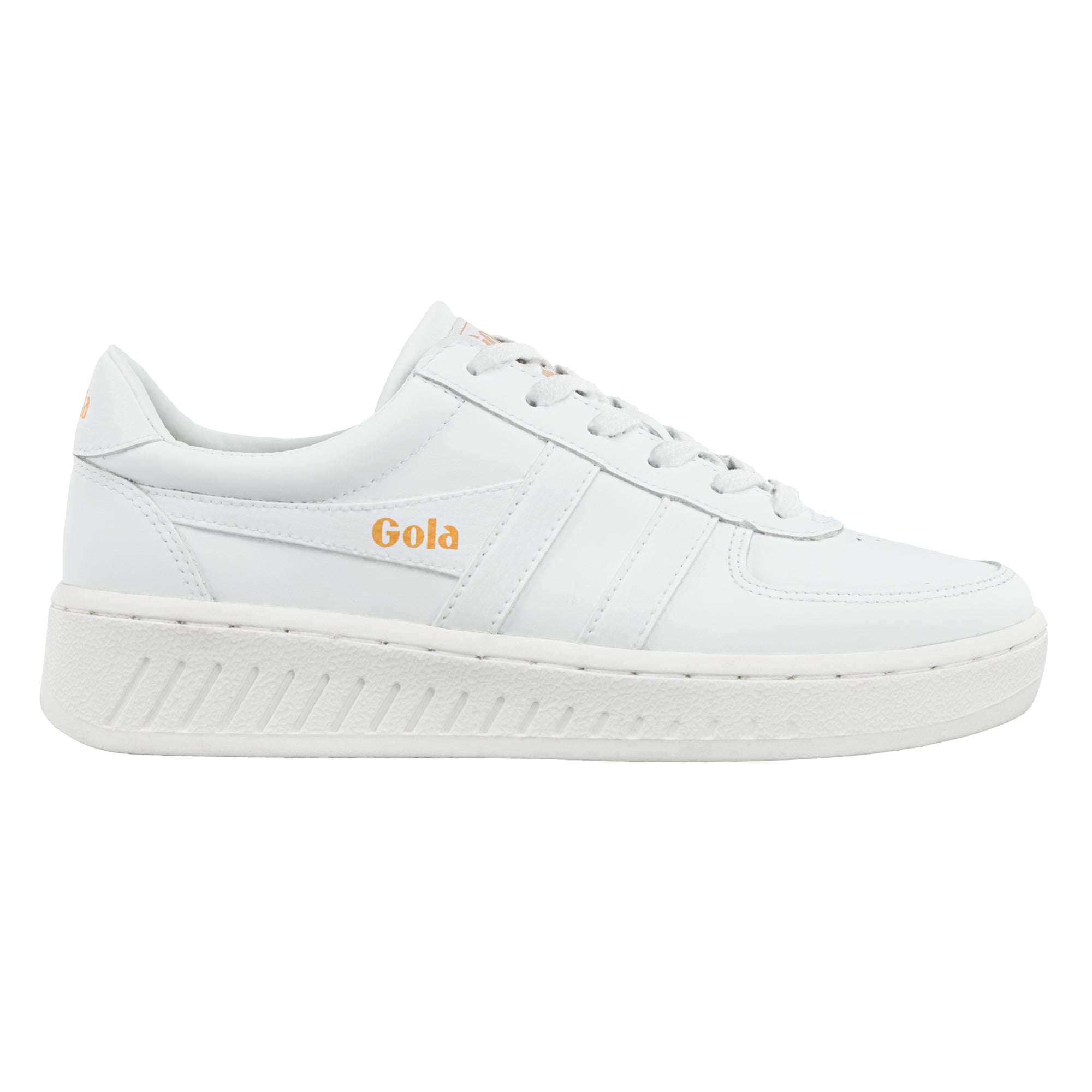 White Gola trainer with orange branding on the side and heel