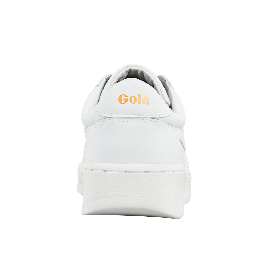 Rear view of a white Gola trainer with gold branding on the heel