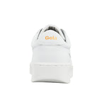 Rear view of a white Gola trainer with gold branding on the heel