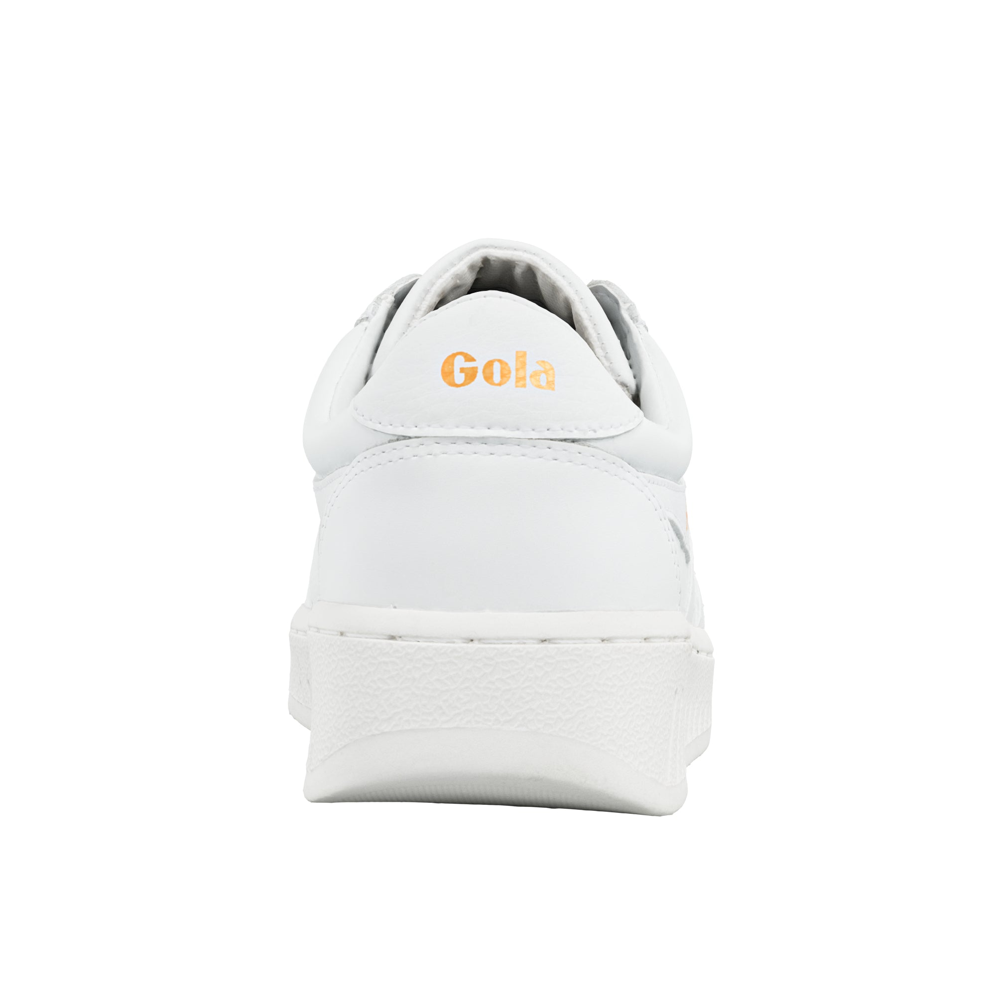 Rear view of a white Gola trainer with gold branding on the heel