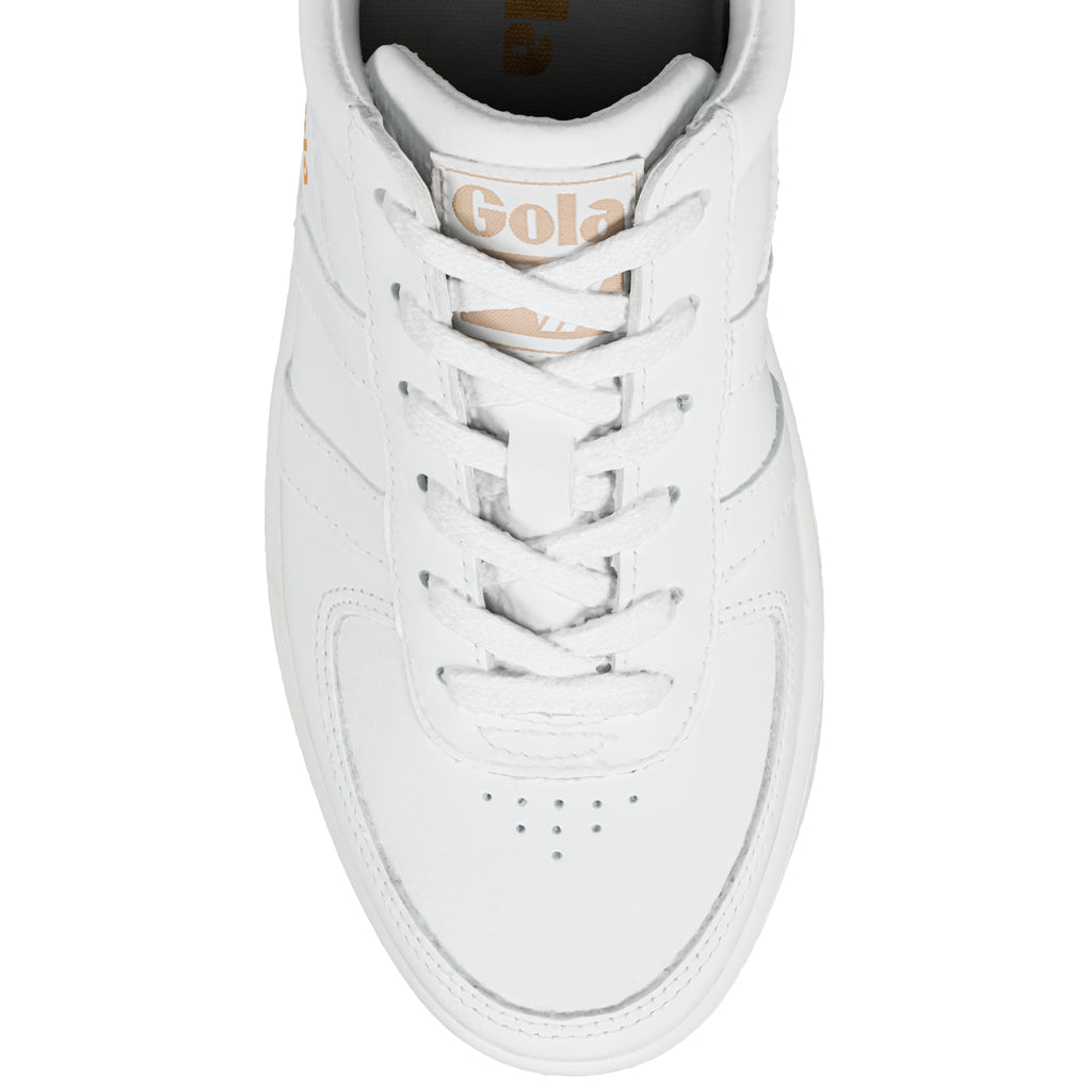 Top view of a white Gola trainer with lace up fastening