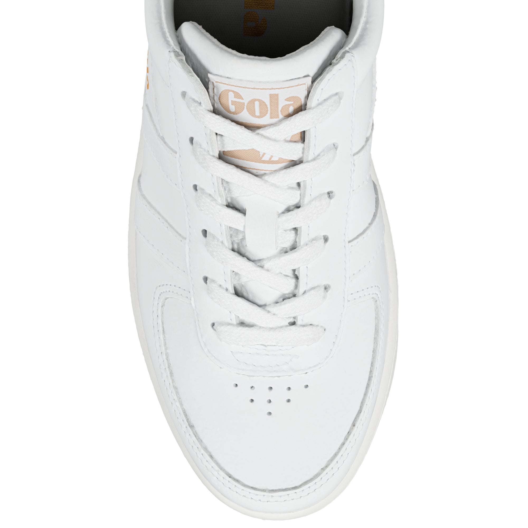 Top view of a white Gola trainer with lace up fastening