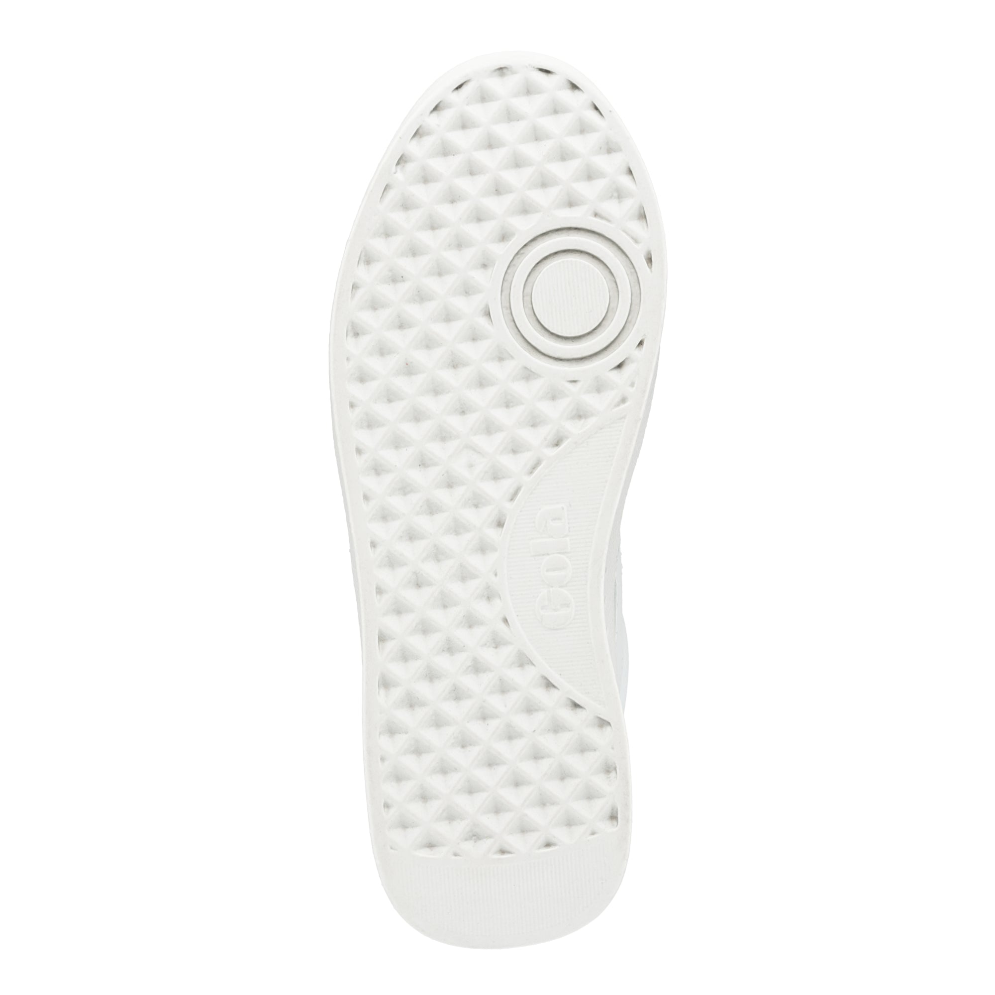 White trainer sole with a textured diamond pattern and circular pivot point