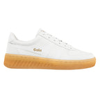 White leather trainer with a gum sole and gold branding