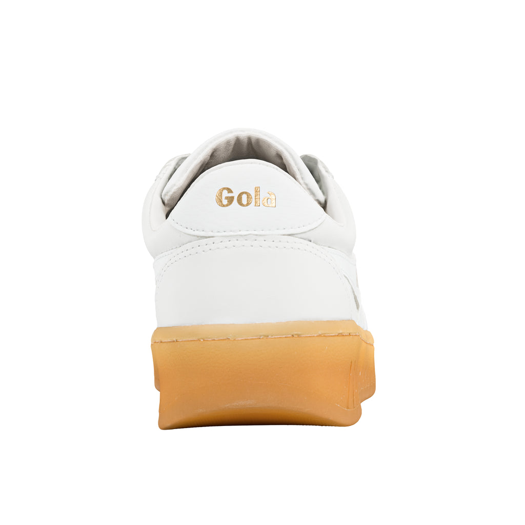 Rear view of a white Gola trainer with a gum rubber sole