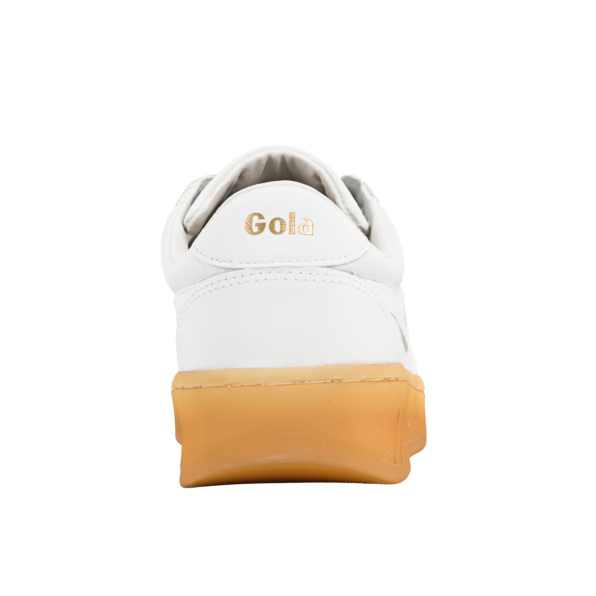 Rear view of a white Gola trainer with a gum rubber sole