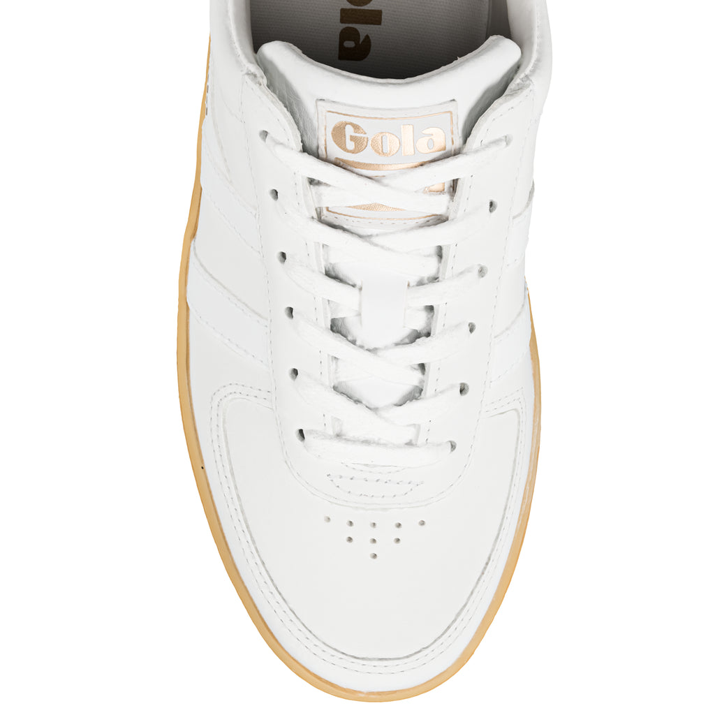 Top view of a white Gola trainer with a gum sole and lace up fastening