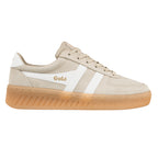 Beige suede Gola trainer with white side stripes and gum sole