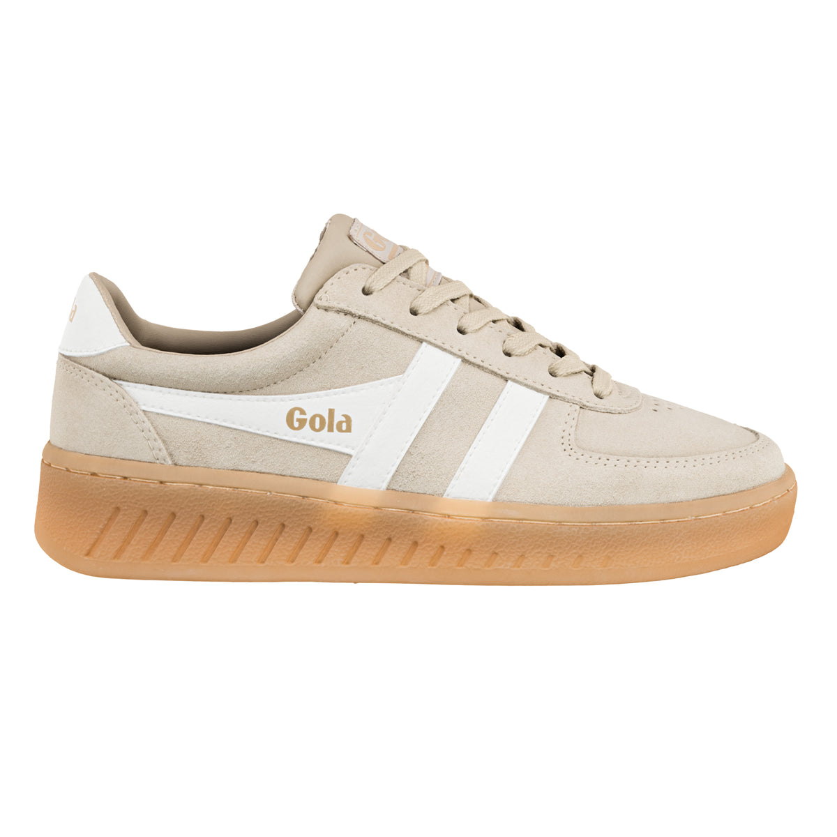 Gola Classics beige suede trainer with white side stripes and gum sole
