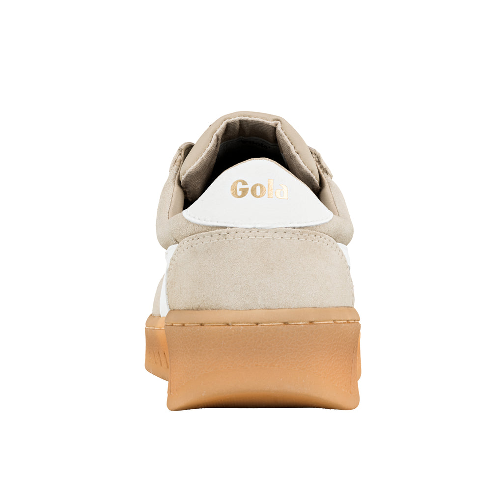Rear view of a beige suede Gola trainer with a white heel tab and gum rubber sole
