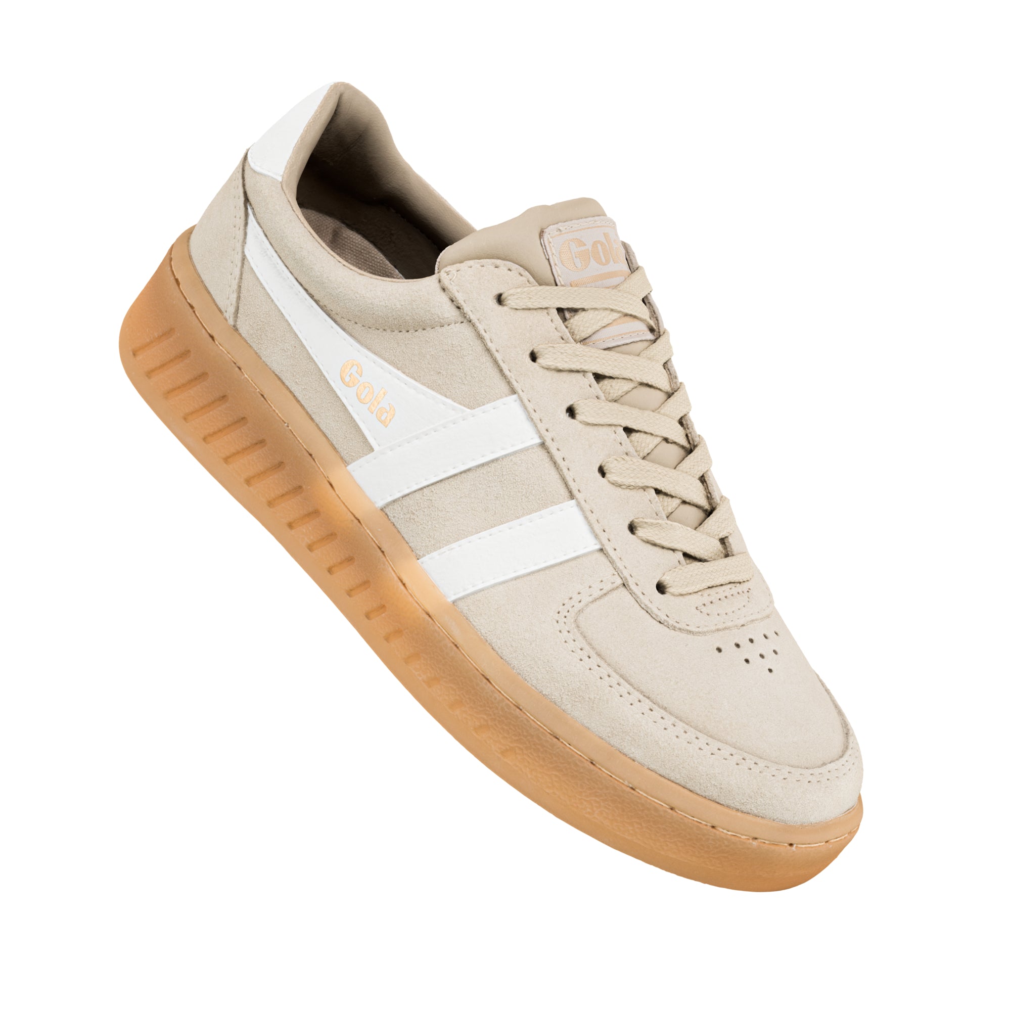 Beige suede Gola trainer with white side stripes and a gum rubber sole