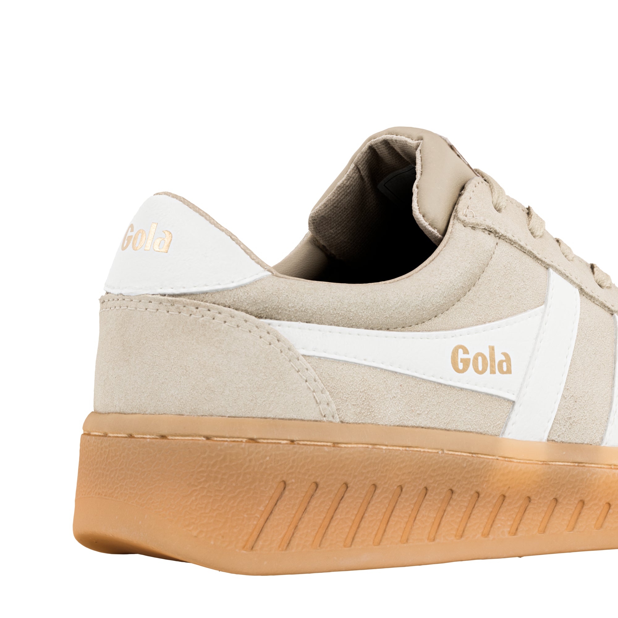 Close up of the heel and side of a beige suede Gola trainer with a gum sole