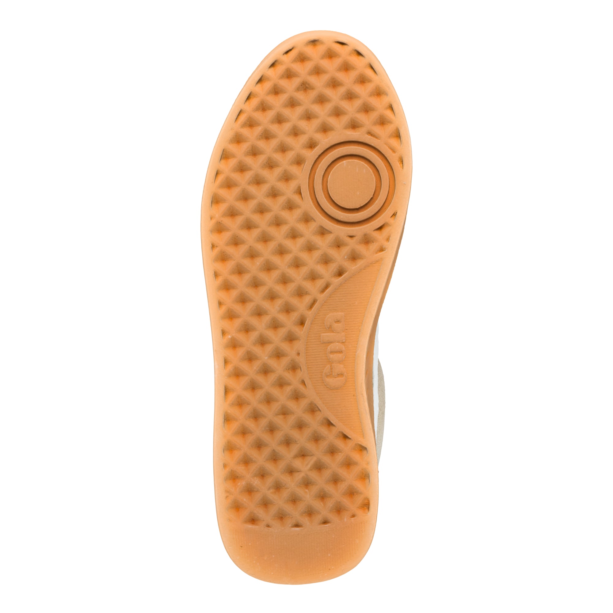Tan rubber trainer sole with diamond tread pattern and circular pivot point