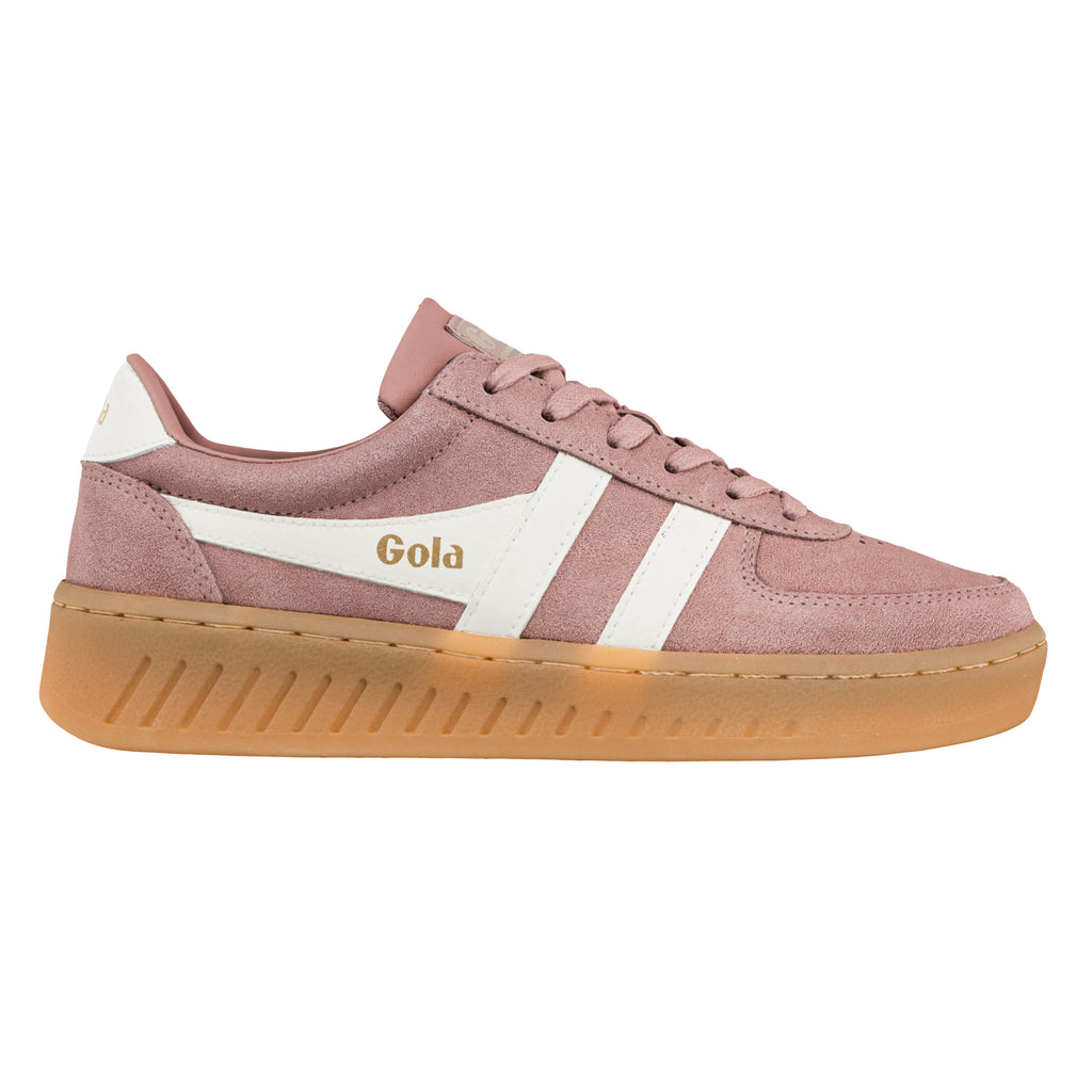 Dusty pink suede Gola trainer with white side stripes and a gum sole