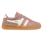 Dusty pink suede Gola trainer with white side stripes and a gum sole