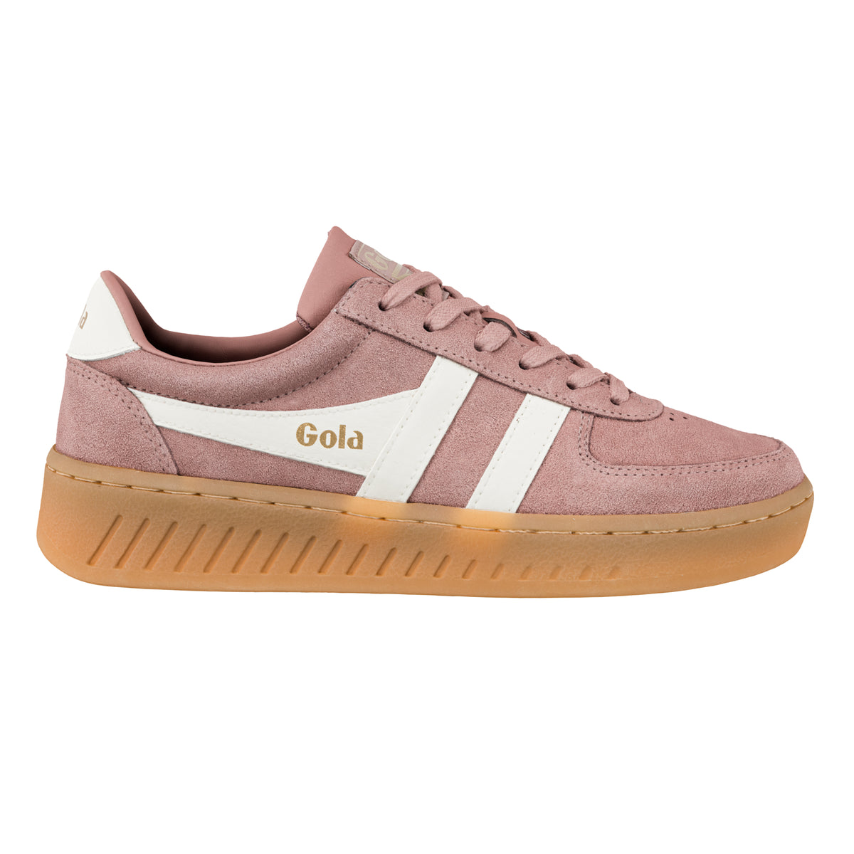 Gola Classics pink suede trainer with white side stripes and a gum sole