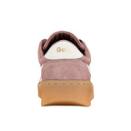 Rear view of a dusty pink suede trainer with a gum sole and Gola branding on the heel tab