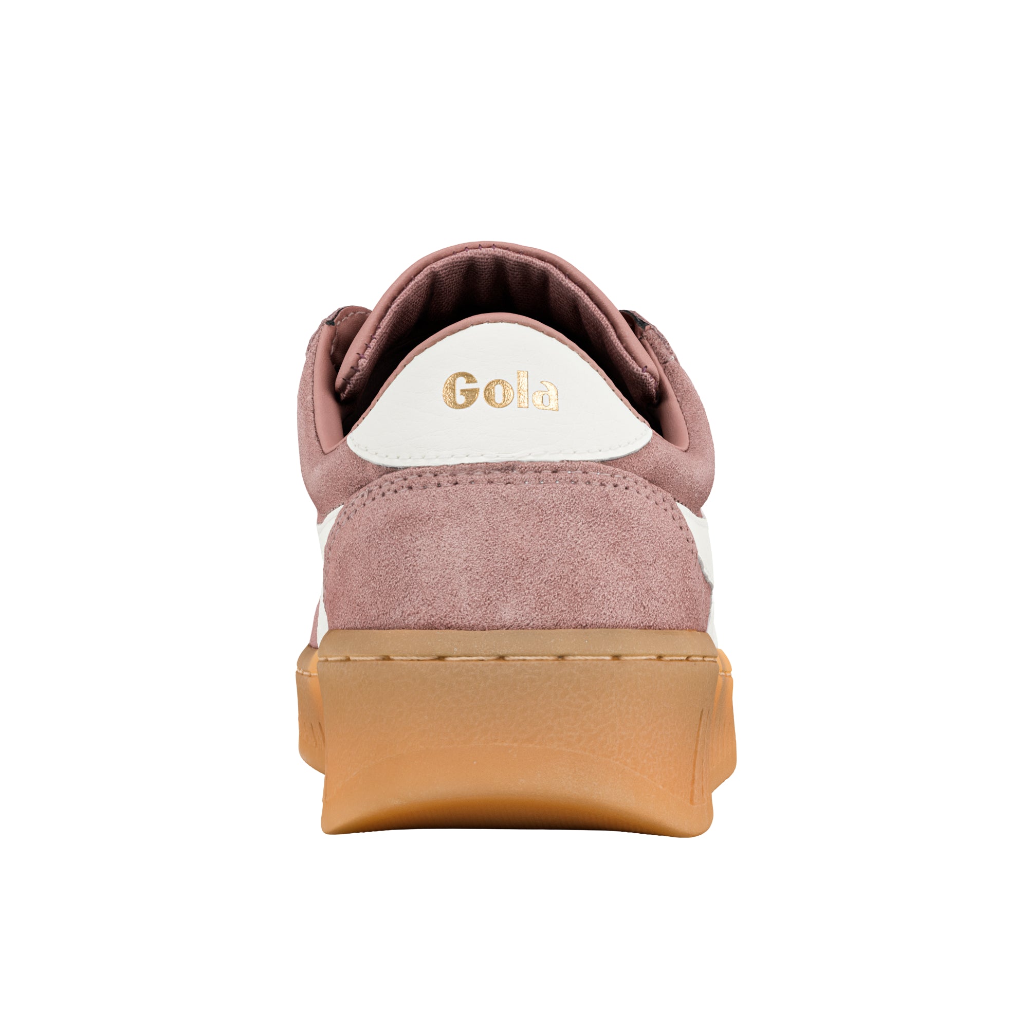 Rear view of a dusty pink suede trainer with a gum sole and Gola branding on the heel tab