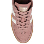 Top view of a dusty pink suede Gola trainer with white side stripes and a gum sole