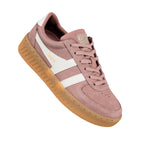 Dusty pink suede Gola trainer with white side stripes and a gum rubber sole