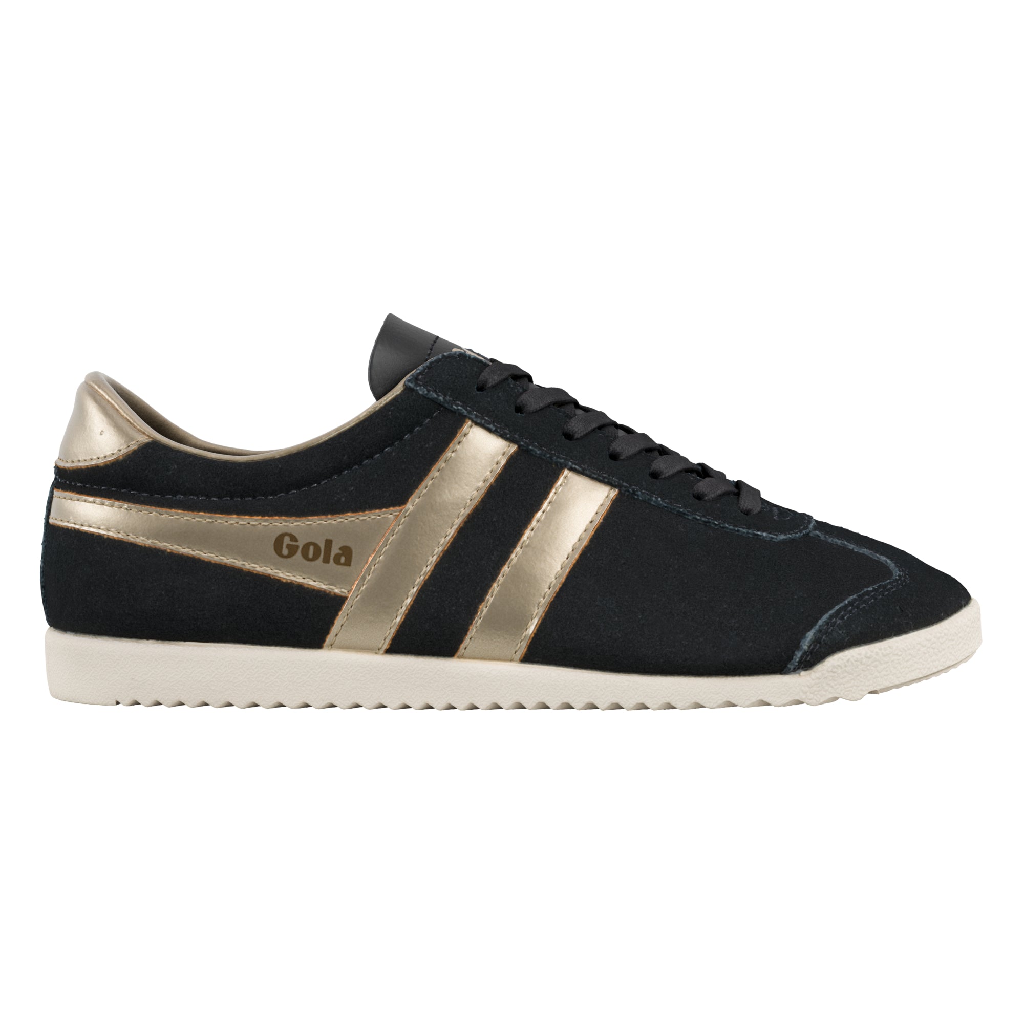 Black suede Gola trainer with metallic gold side stripes and a white rubber sole