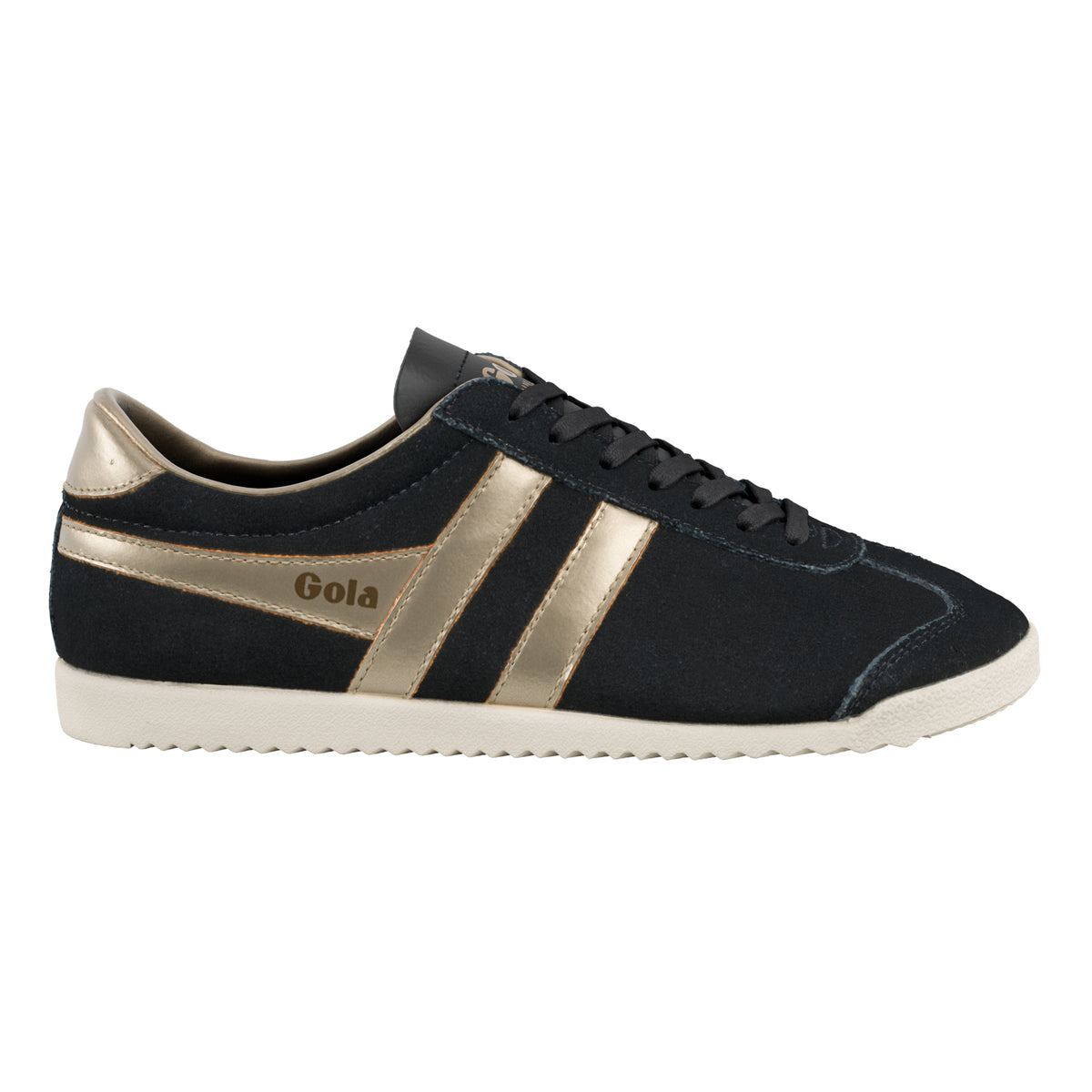 Gola Classics black suede trainer with metallic gold side stripes and white sole