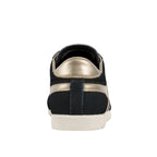 Rear view of a black suede trainer with metallic gold heel detail and white rubber sole
