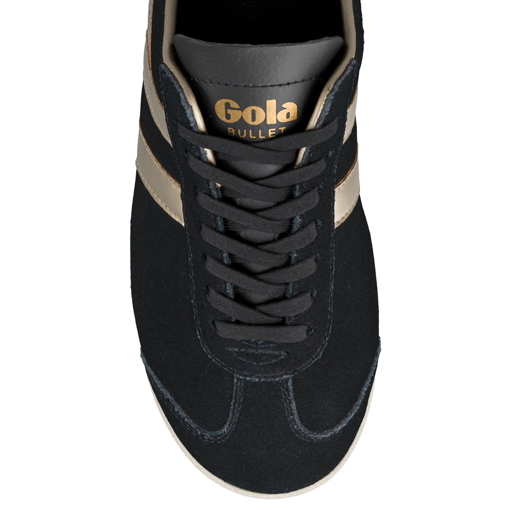 Black suede Gola Bullet trainer with gold side stripes and laces