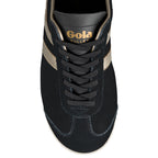 Black suede Gola Bullet trainer with gold side stripes and laces