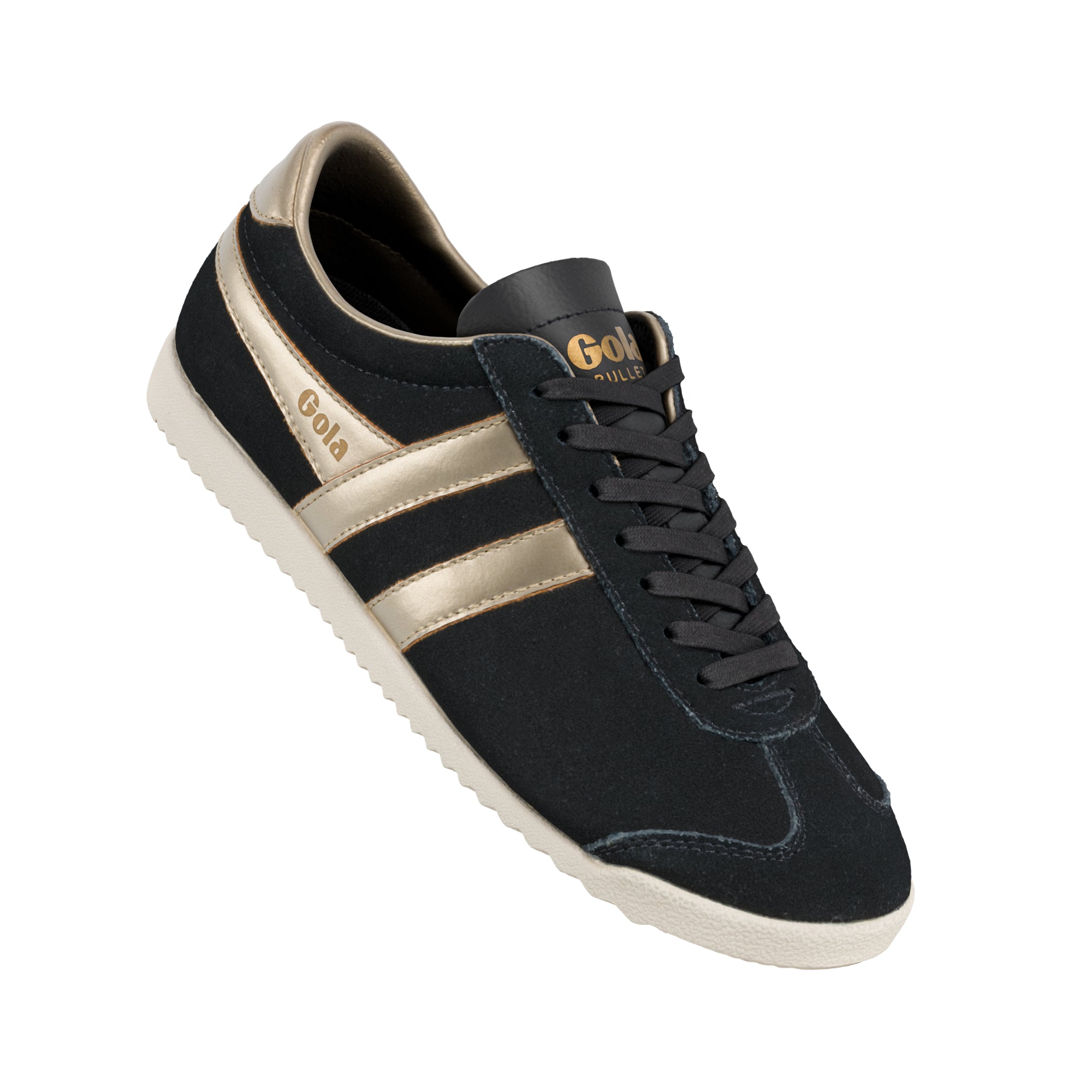 Black suede Gola trainer with metallic gold side stripes and white sole