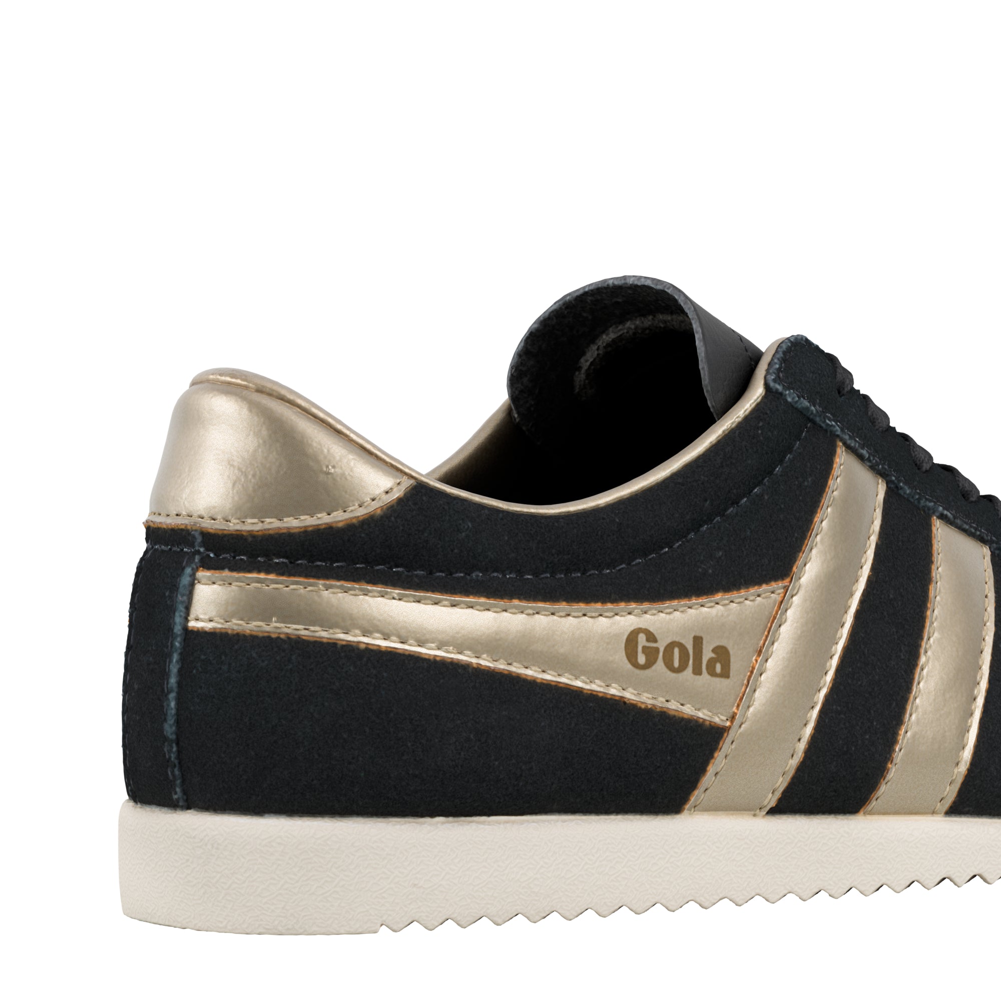 Black suede Gola trainer with metallic gold side stripes and heel tab