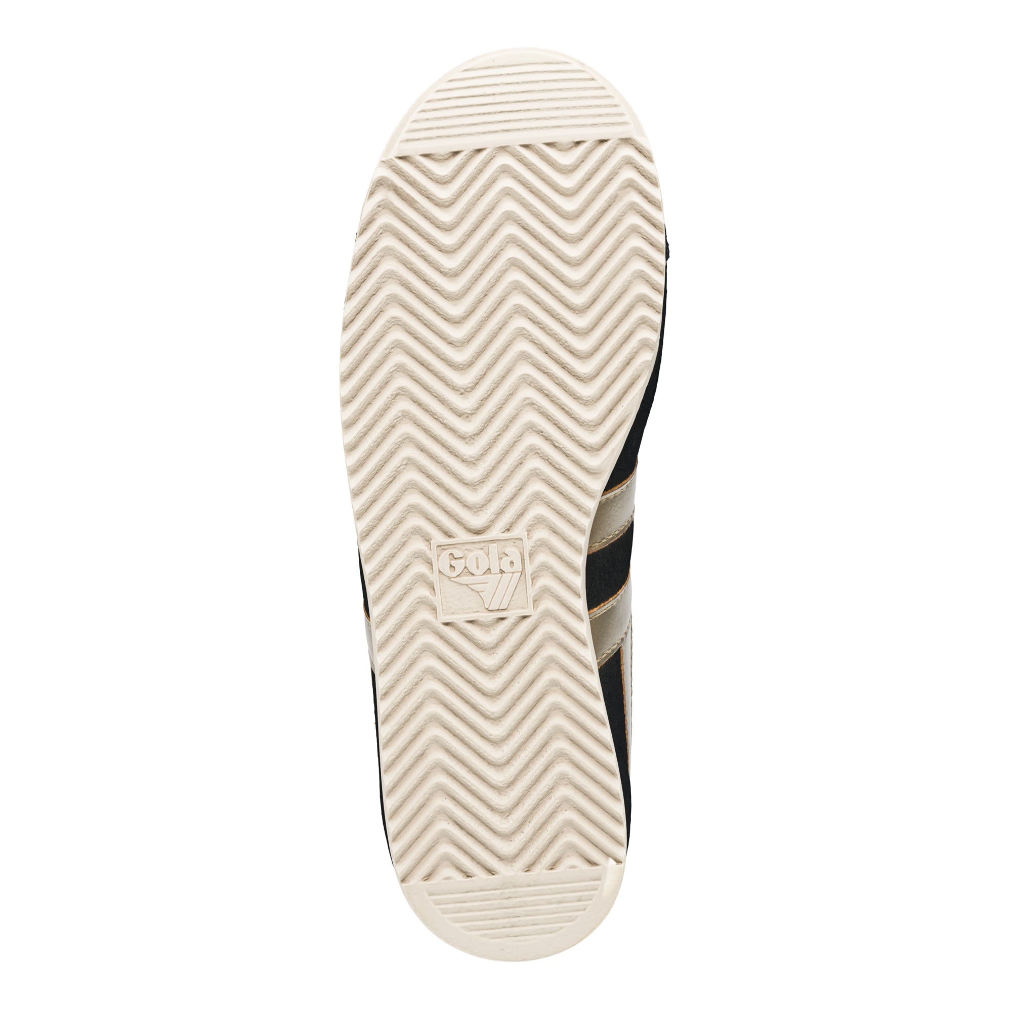 Underside of a Gola trainer with a cream chevron tread pattern