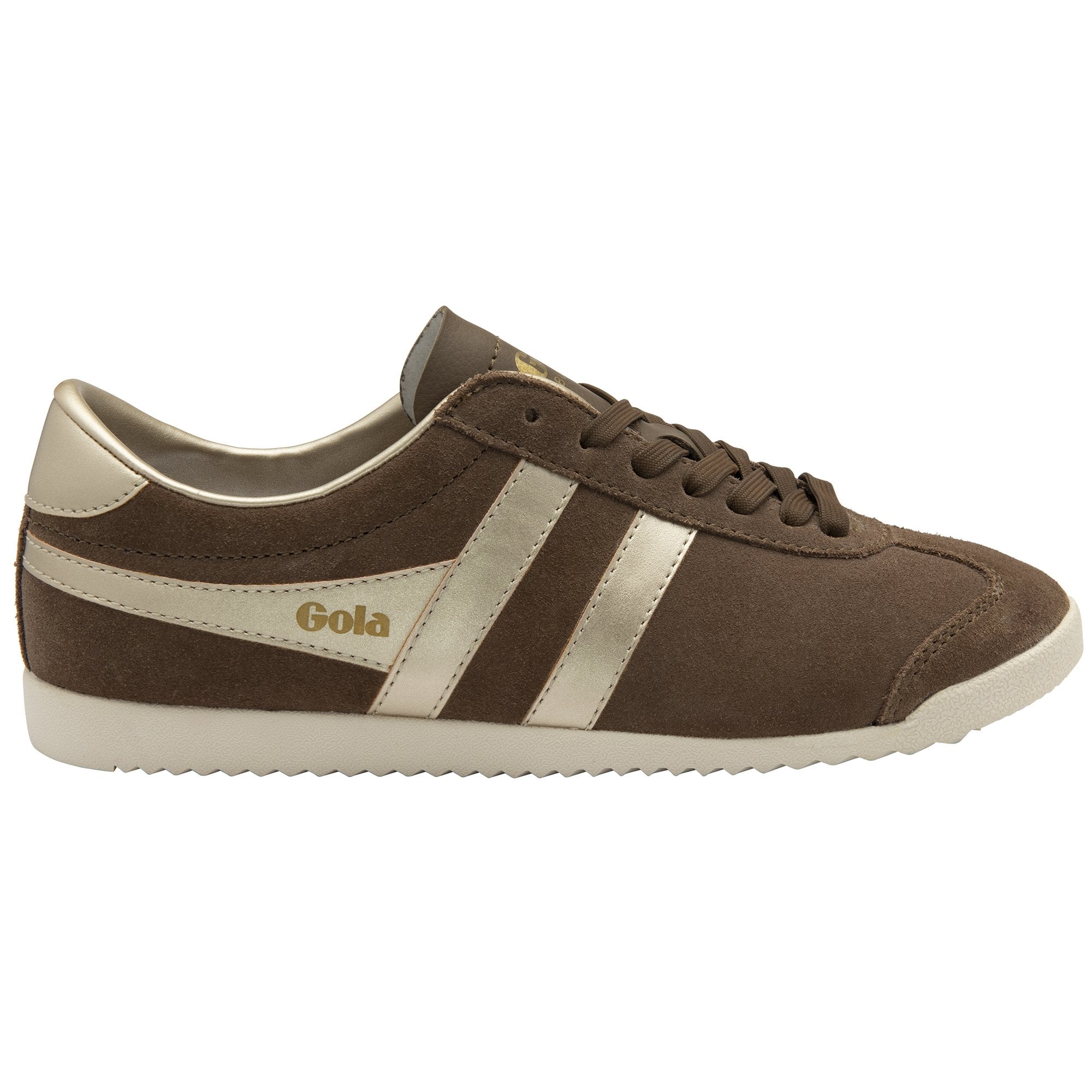 Gola Classics brown suede trainer with metallic gold side stripes and white sole