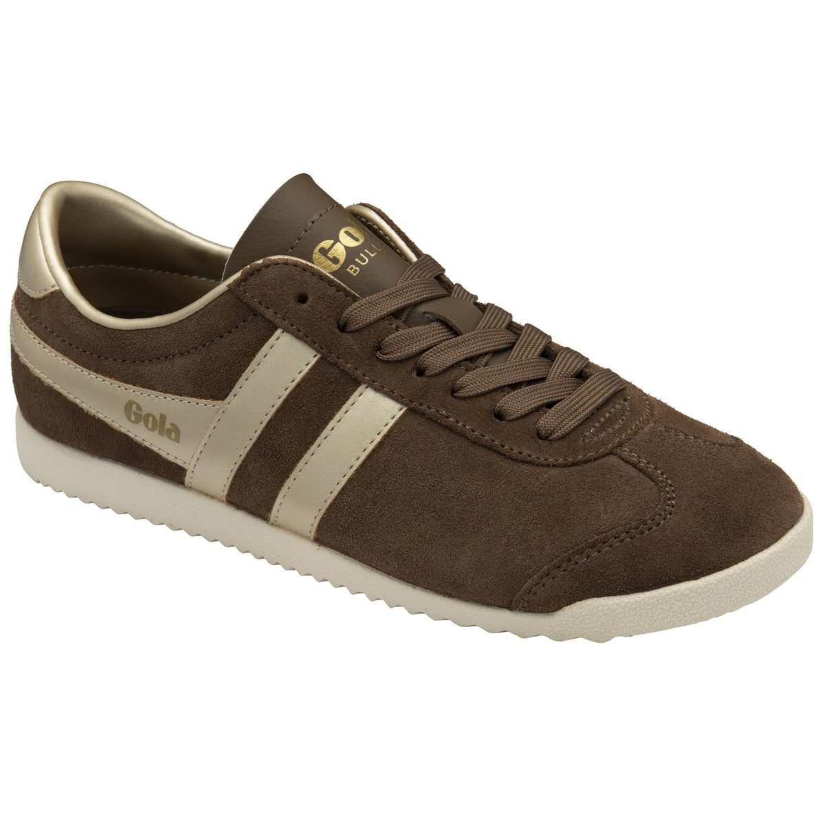 Gola Classics brown suede trainer with metallic gold side stripes and white sole