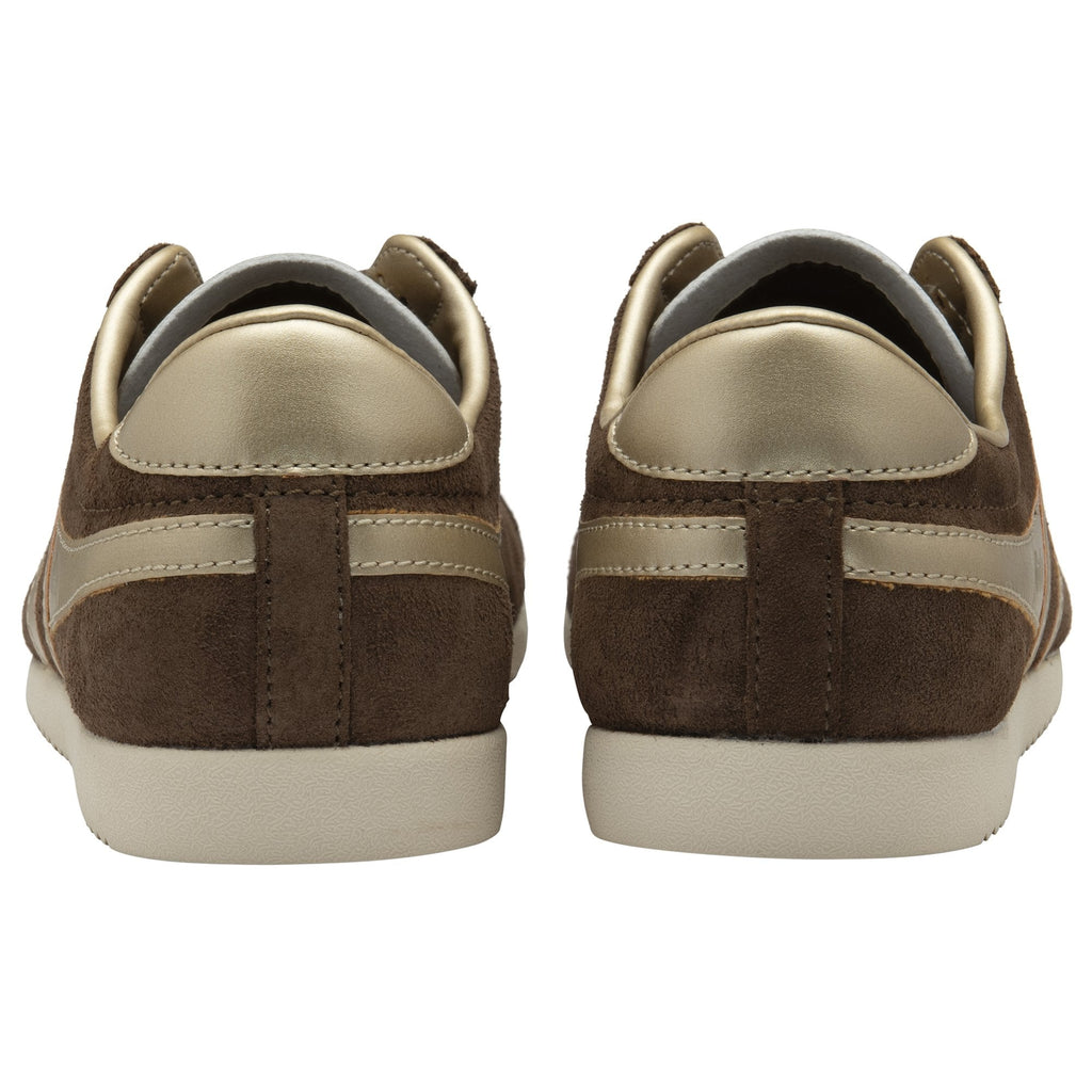 Rear view of brown suede Gola Classics trainers with metallic gold heel tabs and white soles